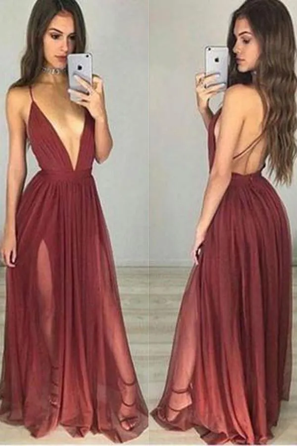 Burgundy V neck Tulle Simple Long Prom Dress, Party Dresses, Evening Dress, MP160