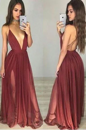Burgundy V neck Tulle Simple Long Prom Dress, Party Dresses, Evening Dress, MP160