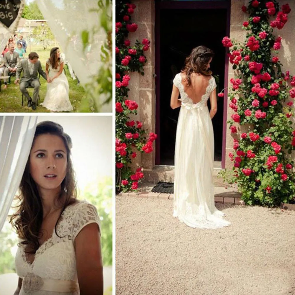 Cap Sleeve A Line V Back Cheap Long Lace Wedding Dresses, Bridal Dress, MW139
