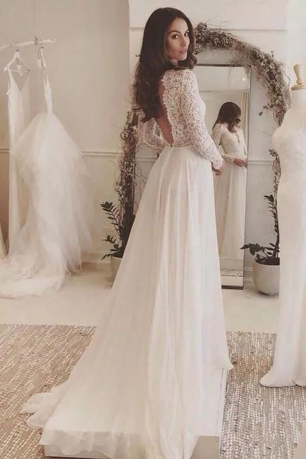 Charming Affordable Chiffon Long Sleeve V Neck Formal Long Wedding Dresses, MW116
