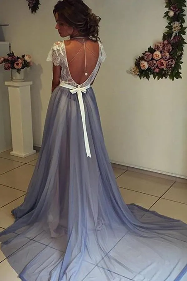 Charming Chiffon Cap Sleeves Scoop Neckline Prom Dress with Lace Back, MP211