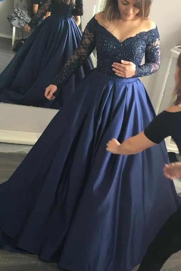 Charming Dark Navy Long Sleeve V neck Prom Dresses, Formal Dress, MP286
