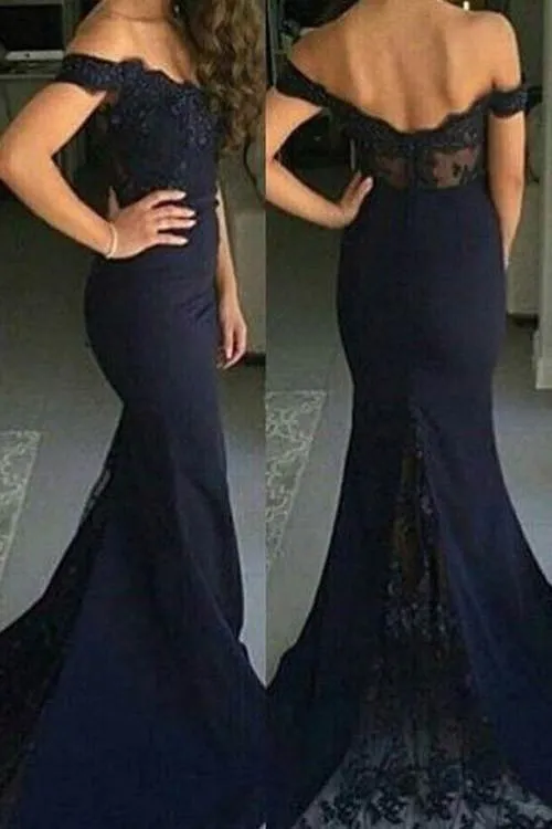 Charming Navy Off shoulder Lace Court Train Mermaid Bridesmaid Dress, MB117