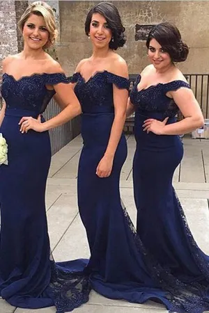 Charming Navy Off shoulder Lace Court Train Mermaid Bridesmaid Dress, MB117