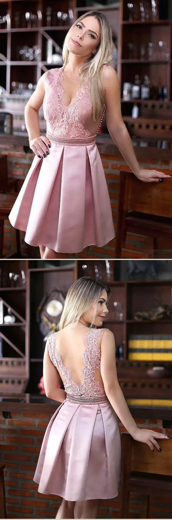 Charming Pink V Neck Short Prom Dresses, Appliques Homecoming Dress, MH270