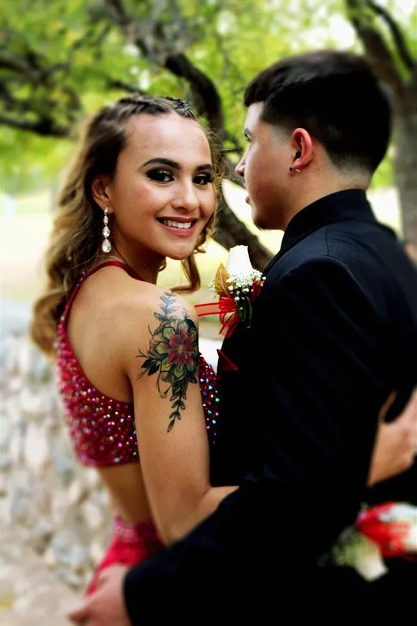 Charming Red A-line Halter Beaded Long Prom Dresses with Side Slit, MP258