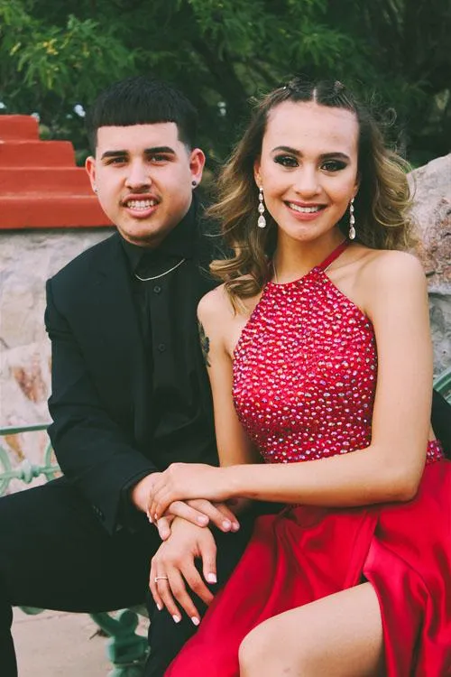 Charming Red A-line Halter Beaded Long Prom Dresses with Side Slit, MP258
