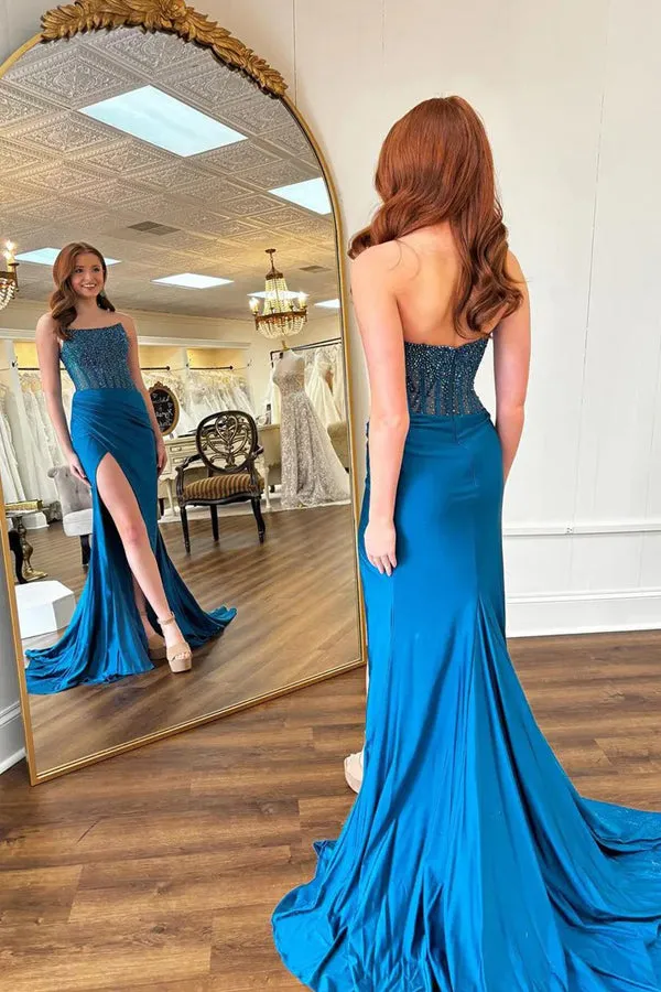 Charming Round Neck Mermaid Blue Prom Dress with Beading TP1339