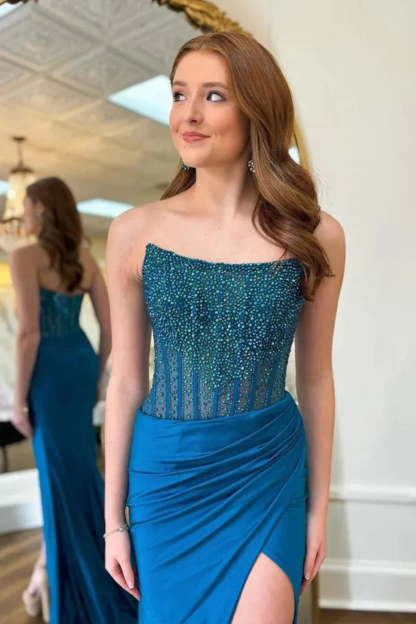 Charming Round Neck Mermaid Blue Prom Dress with Beading TP1339