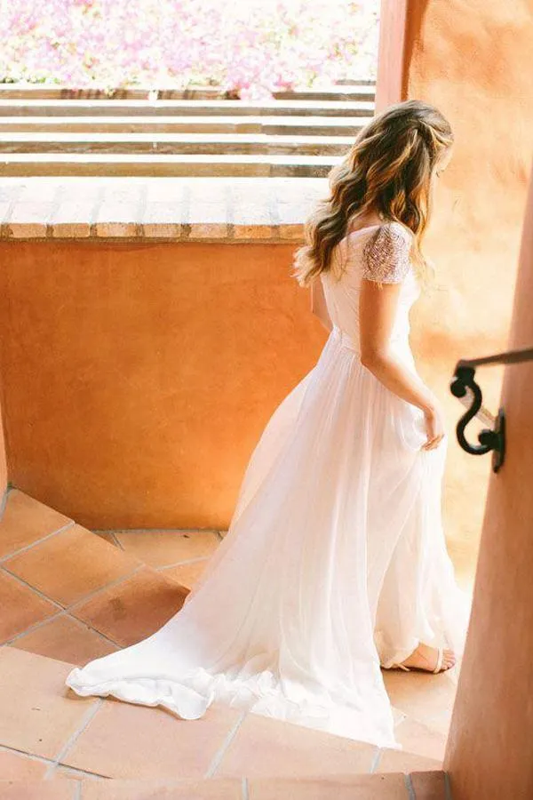 Cheap Chiffon Sweetheart Wedding Dresses with Beading And Short Train, MW123