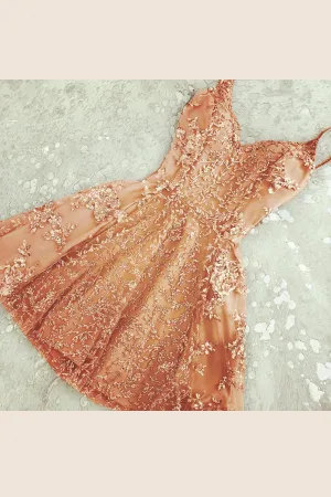 Coral Simple Short V Neck Lace Appliques Beaded Homecoming Dresses Party Dress, MH401