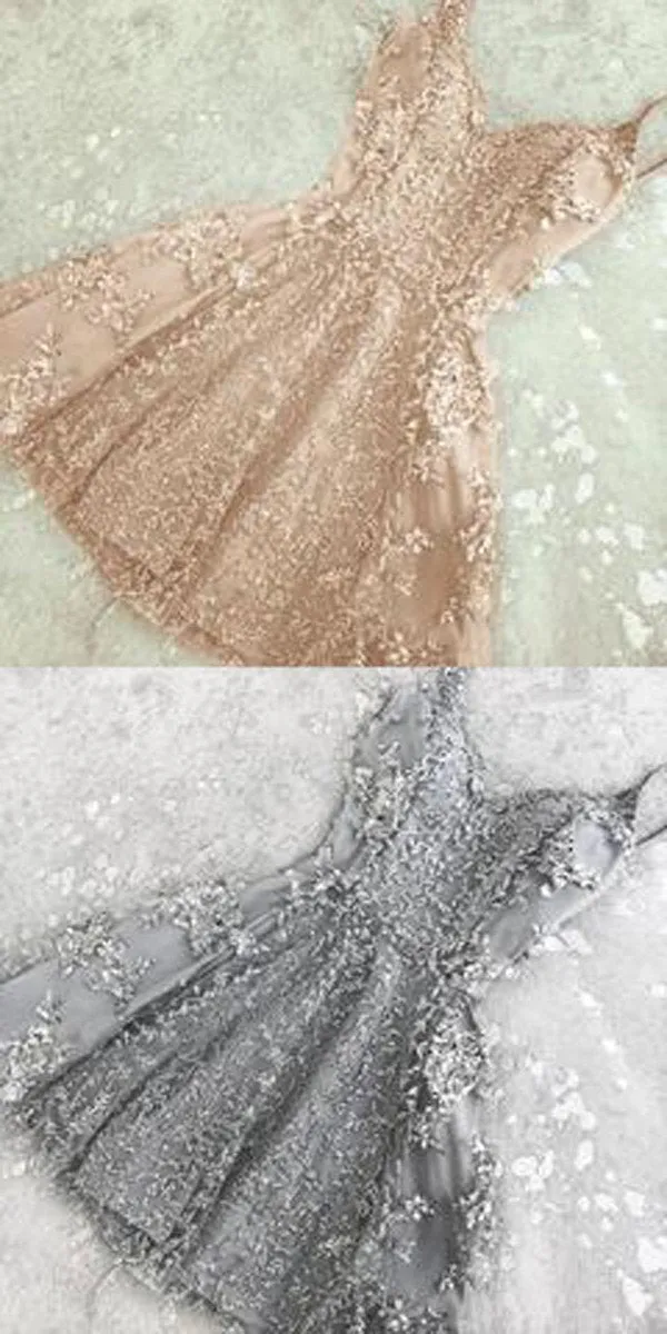 Coral Simple Short V Neck Lace Appliques Beaded Homecoming Dresses Party Dress, MH401