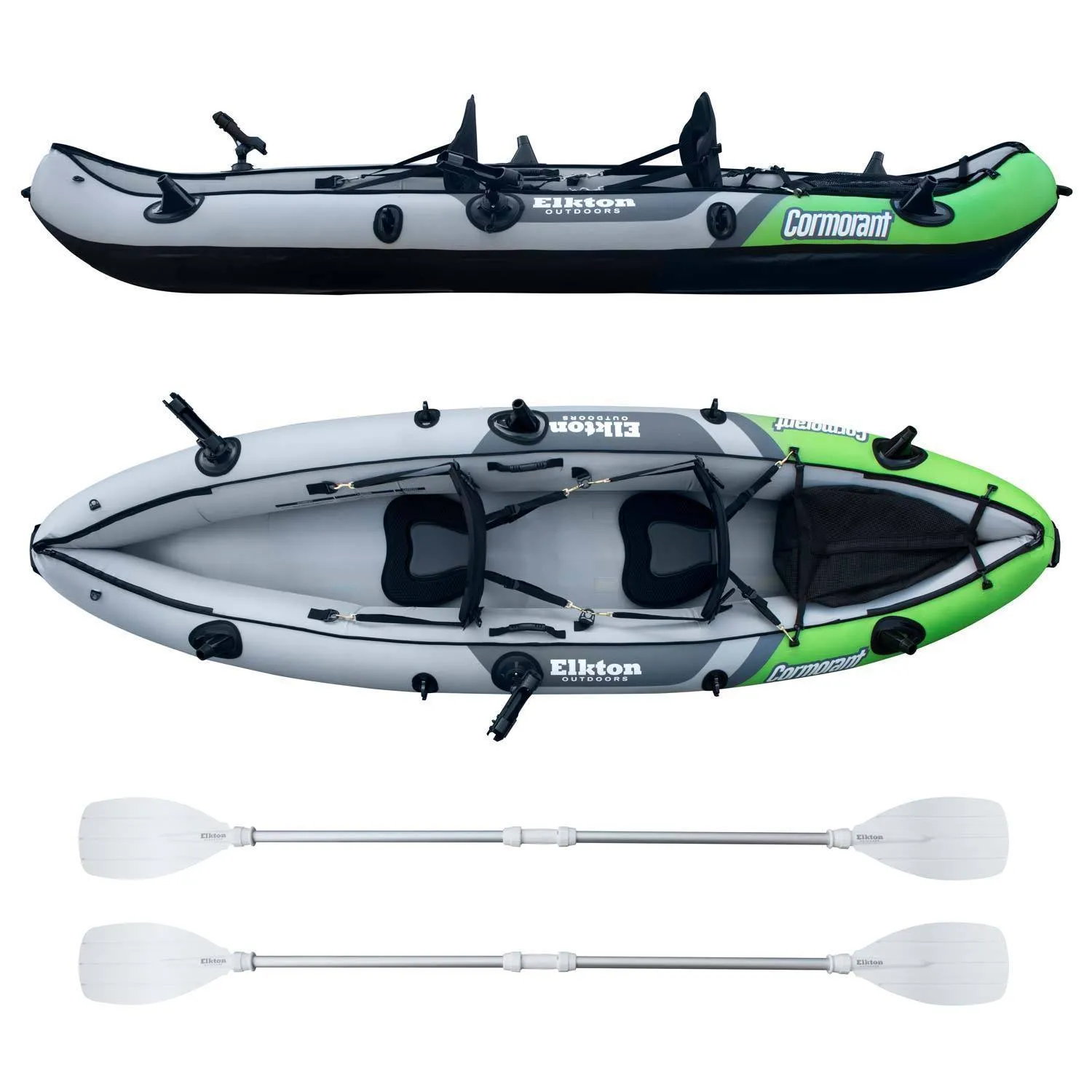 Cormorant Inflatable 2 Person Fishing Kayak Set with 6 Rod Holders, Paddles, Double Action Pump