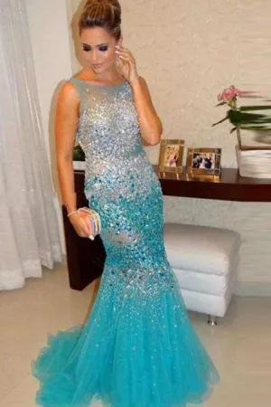 Crystal Beaded Mermaid Straps Long Prom Dresses Evening Dresses, MP295