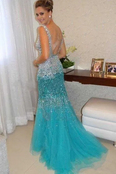 Crystal Beaded Mermaid Straps Long Prom Dresses Evening Dresses, MP295
