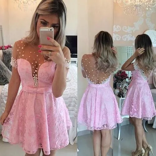 Cute Pink A-Line Scoop Neck Tulle Homecoming Dresses With Sleeve, MH269