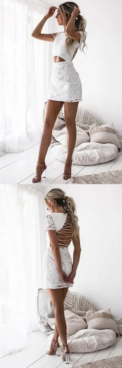 Cute Tight White Lace Lace-Up Back Short Sleeves Homecoming Dresses For Girls, MH410