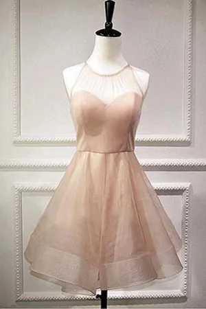 Cute Tulle Pink Sheer Halter Lace Up Homecoming Dresses, Party Dress, MH416