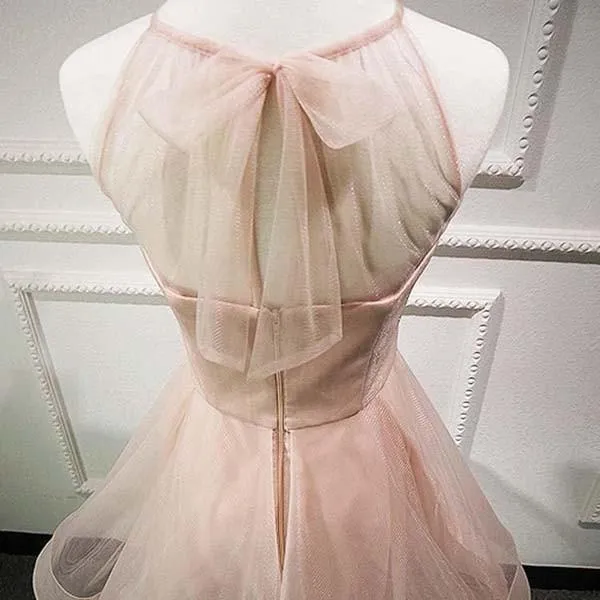 Cute Tulle Pink Sheer Halter Lace Up Homecoming Dresses, Party Dress, MH416