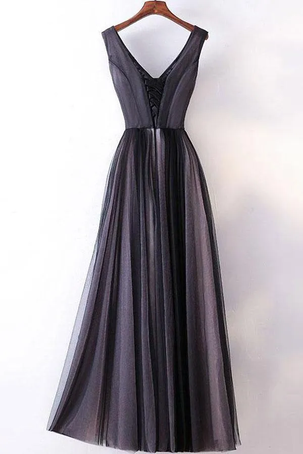 Dark Grey A-line V-neck Princess Long Prom Dresses with Appliques, MP391