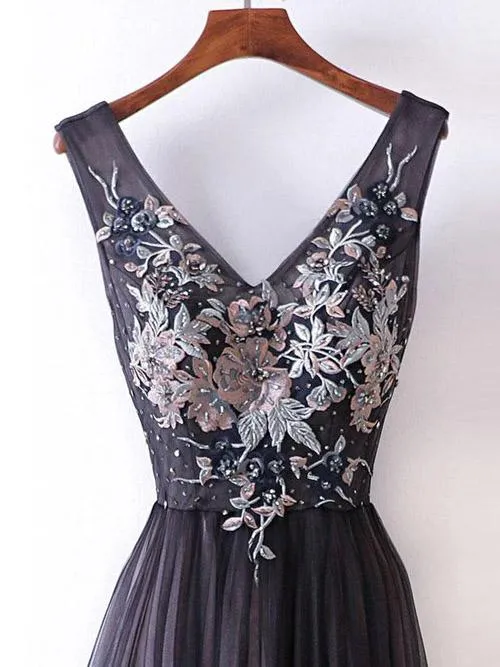 Dark Grey A-line V-neck Princess Long Prom Dresses with Appliques, MP391