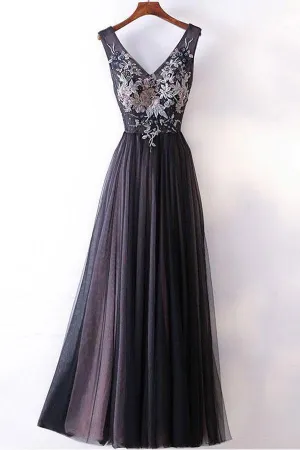 Dark Grey A-line V-neck Princess Long Prom Dresses with Appliques, MP391