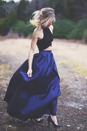 Dark Navy Two Piece Halter Satin Long Prom Dress, Formal Dresses, MP183