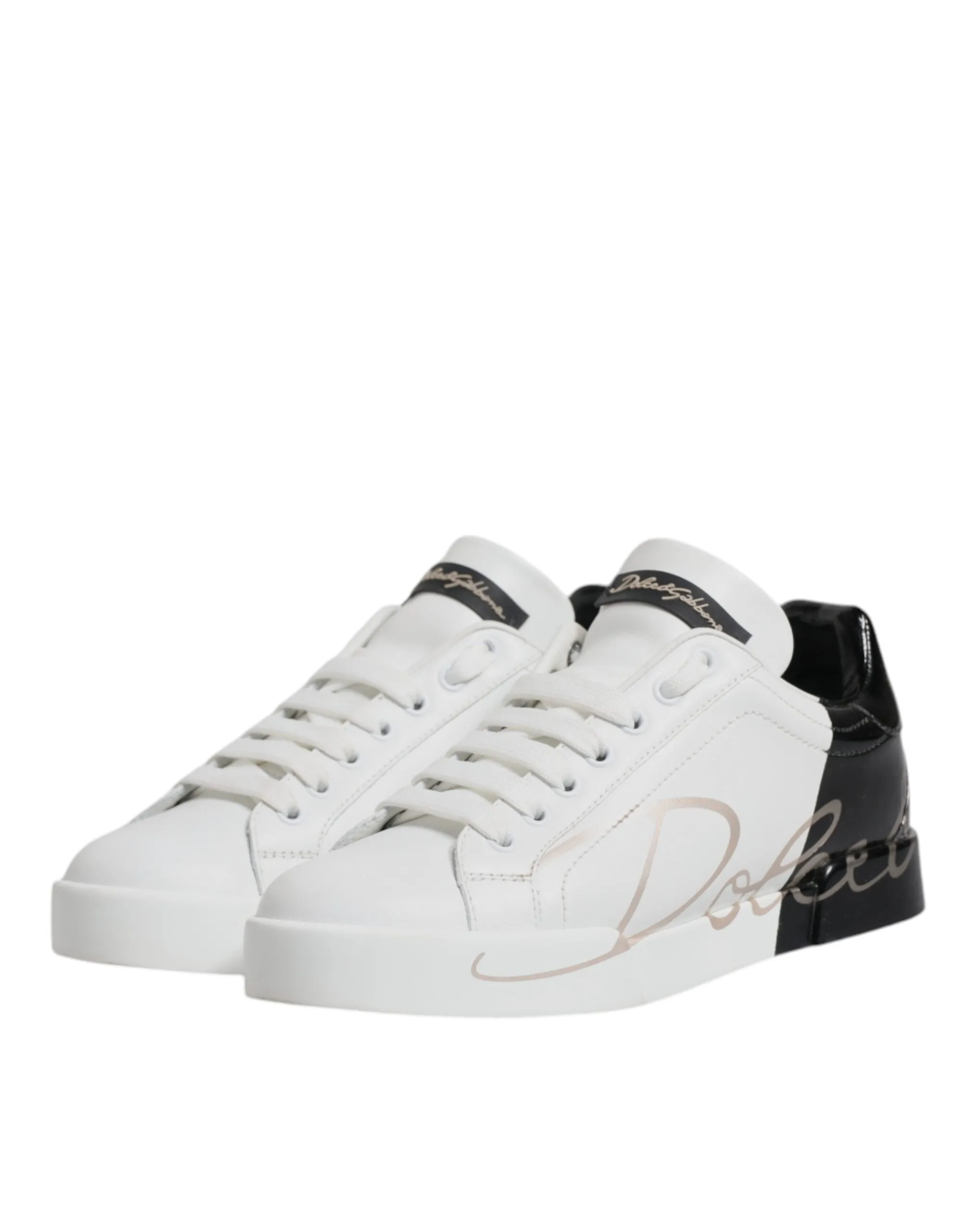 Dolce & Gabbana White Black Leather Low Top Sneakers Shoes