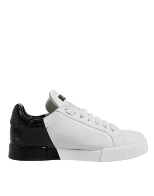 Dolce & Gabbana White Black Leather Low Top Sneakers Shoes