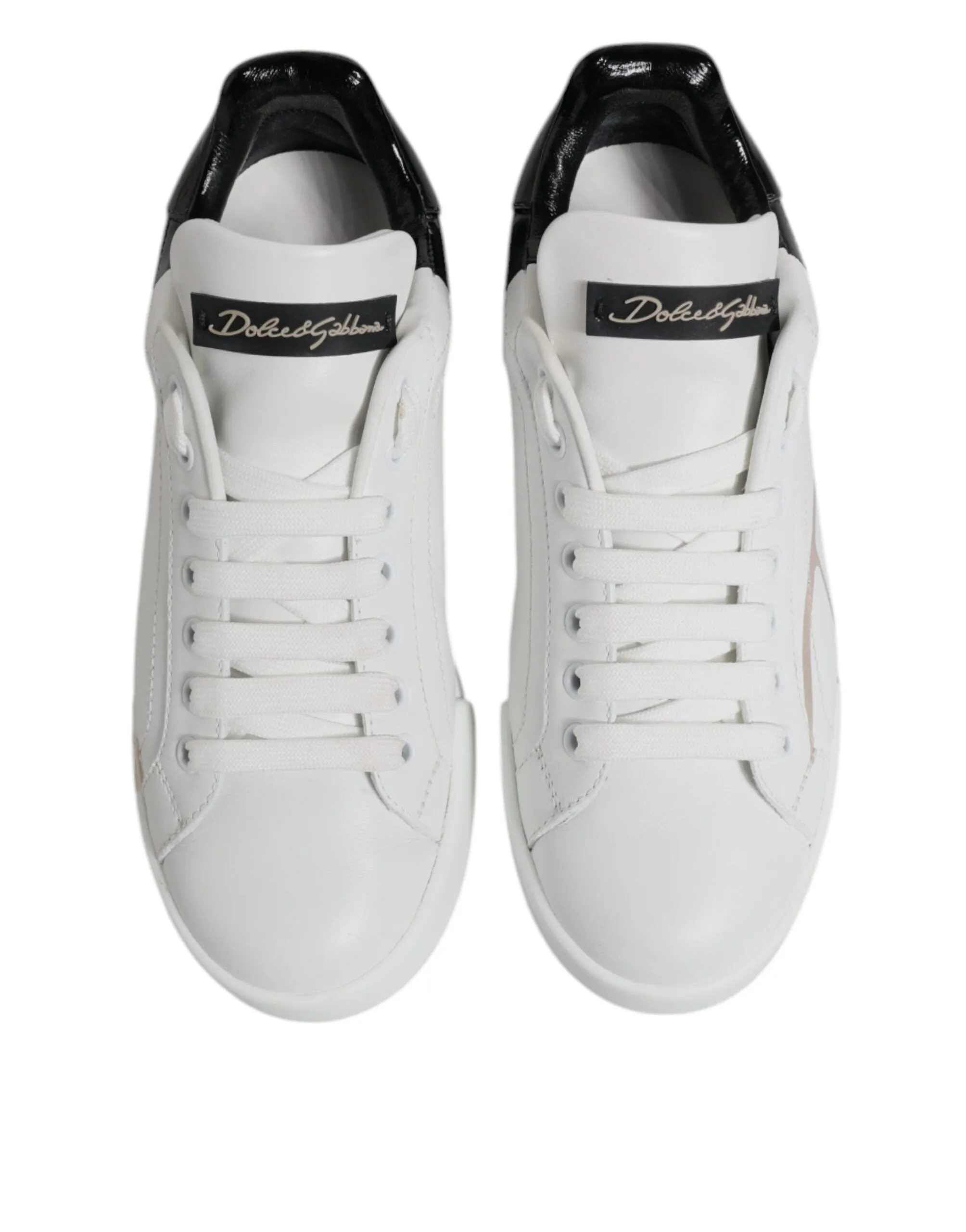 Dolce & Gabbana White Black Leather Low Top Sneakers Shoes