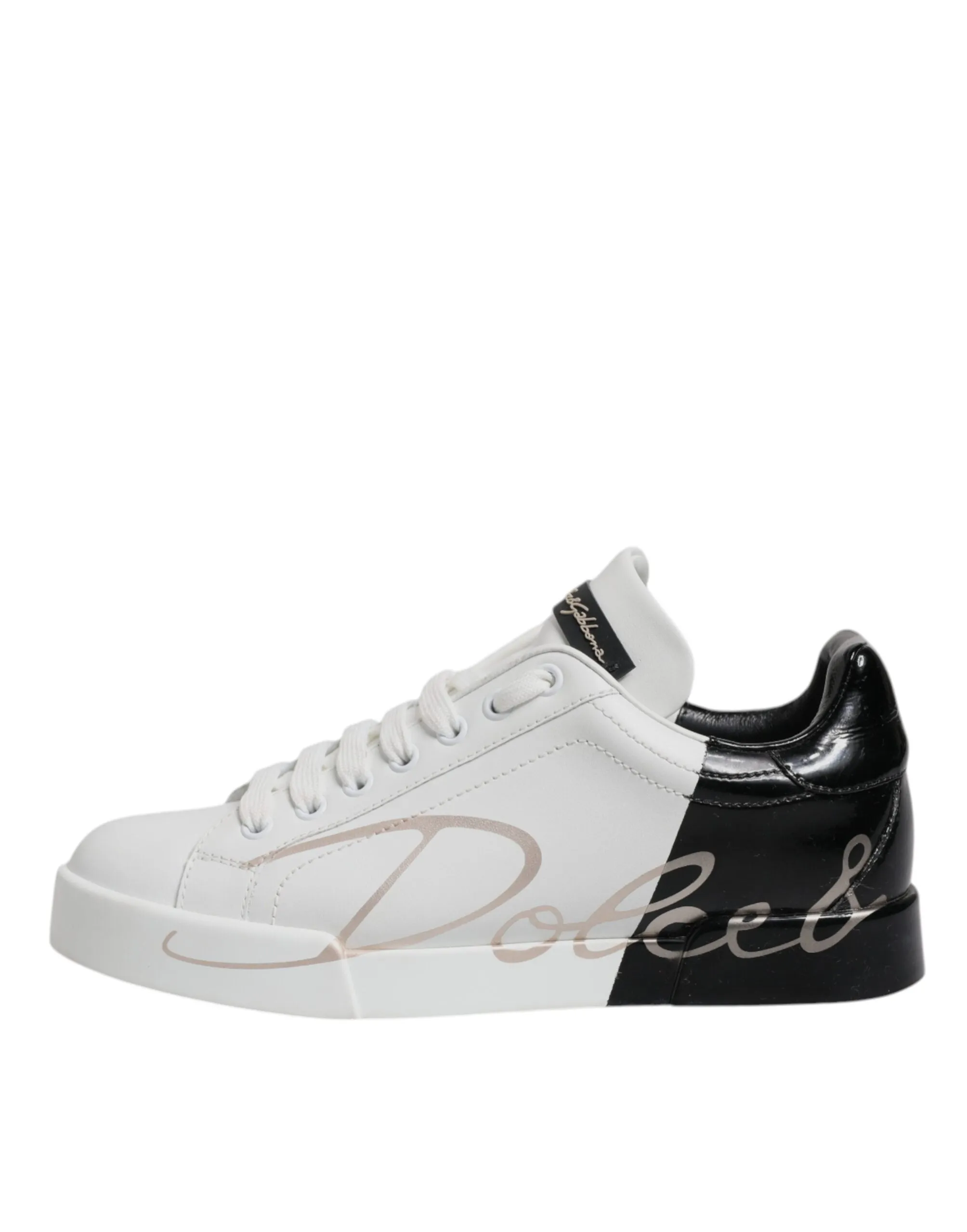Dolce & Gabbana White Black Leather Low Top Sneakers Shoes