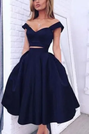 Elegant Dark Navy Two Pieces Off Shoulder Short Homecoming Dresses, MH204