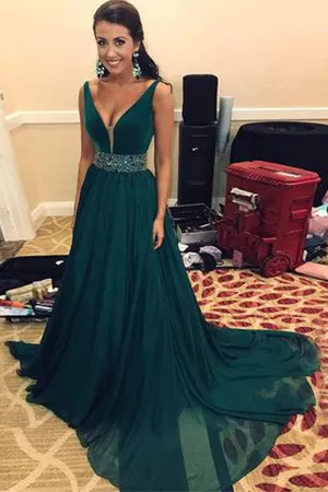 Elegant Green Beaded A-line V Neck Long Prom Dress, Evening Dress, MP196