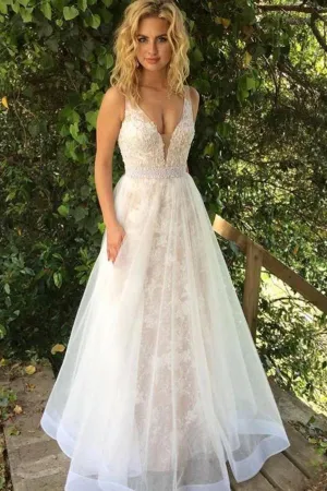 Elegant  Ivory White A-Line Tulle Long Prom Dresses with Lace, Evening Dress, MP203
