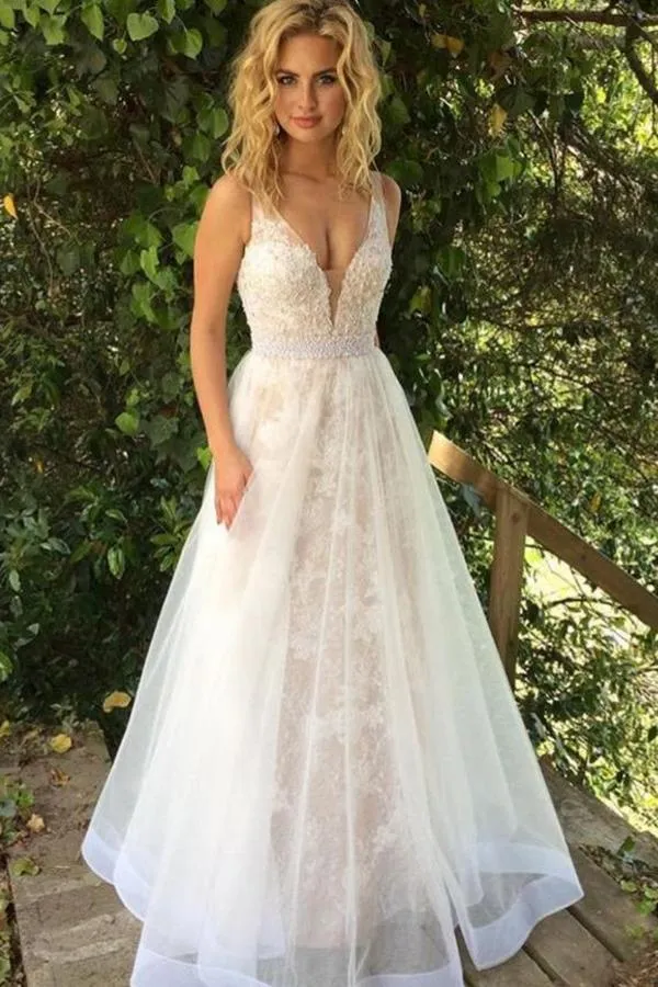 Elegant  Ivory White A-Line Tulle Long Prom Dresses with Lace, Evening Dress, MP203