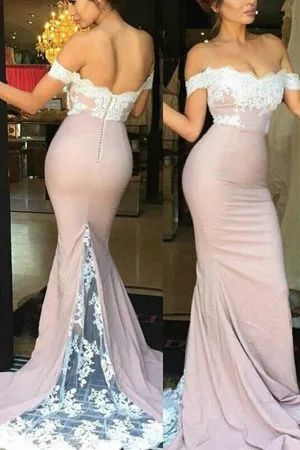 Elegant Off Shoulder Mermaid Sweep Train Long Bridesmaid Dresseswith Lace, MB130