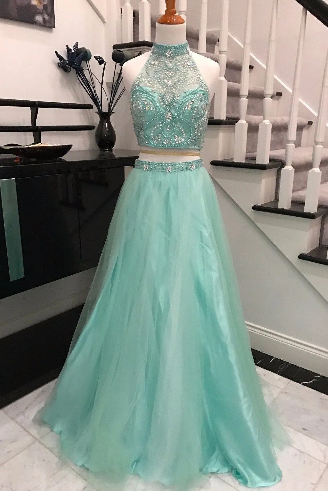 Elegant Two Piece Sky Blue Backless Halter Long Prom Dresses with Beading, MP198