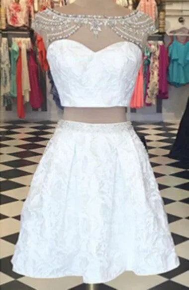 Elegant Two pieces Cap Sleeves White Homecoming Dress With Rhinestones TR0054