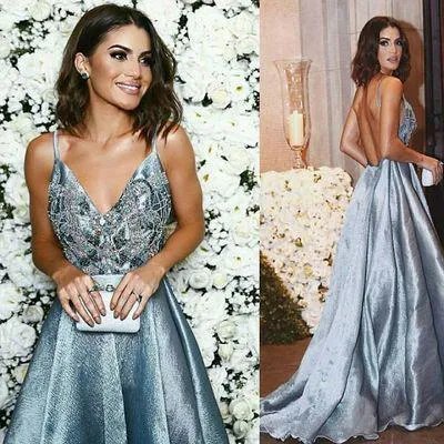 Fabulous Blue Open Back A-line V neck Long Prom Dress, Evening Dresses, MP209