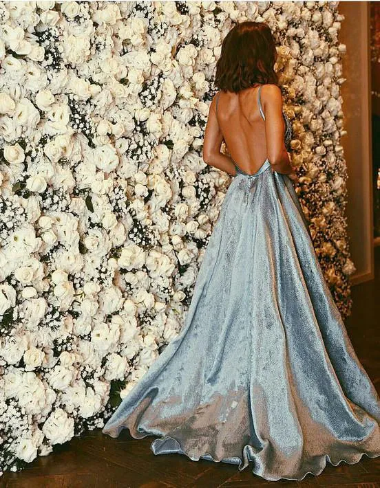 Fabulous Blue Open Back A-line V neck Long Prom Dress, Evening Dresses, MP209