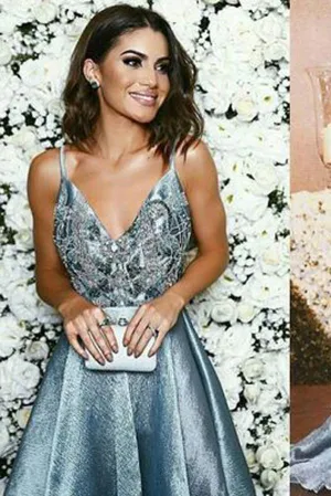 Fabulous Blue Open Back A-line V neck Long Prom Dress, Evening Dresses, MP209
