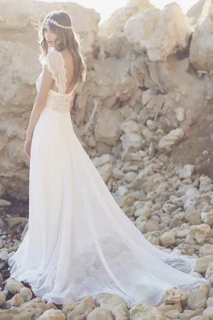 Fabulous Tulle Cap Sleeves Long Beach Wedding Dress with Lace, MW146
