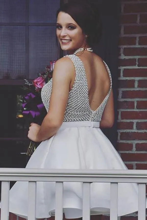 Fabulous V Neck Backless Beaded Short Prom Dress, Homecoming Dresses, MH206