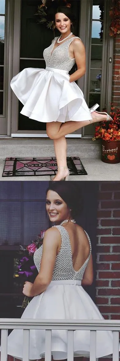 Fabulous V Neck Backless Beaded Short Prom Dress, Homecoming Dresses, MH206