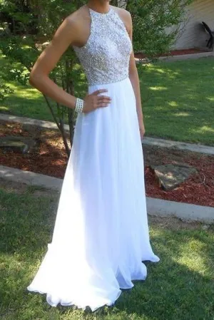 Fabulous White Beaded Halter Sleeveless Long Prom Dress with Beading, MP219