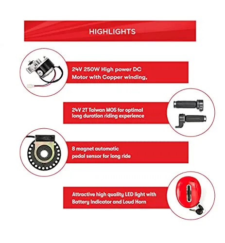 Geekay Unisex Aluminium 24 Volt 250 PMDC 8 Magnet Pedal Assist Motor DIY Electric Mountain Bike Conversion (17", Tubular Wheels, Multicolor, No Battery & Charger in this kit).