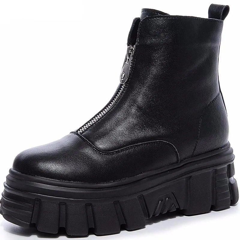 Genuine Leather Front Zipper Women' Ankle Boots 2019 Fashion Style Women Winter Warm Platform Boots Ladies Chunky Shoes