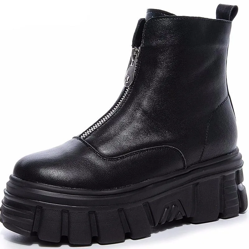 Genuine Leather Front Zipper Women' Ankle Boots 2019 Fashion Style Women Winter Warm Platform Boots Ladies Chunky Shoes