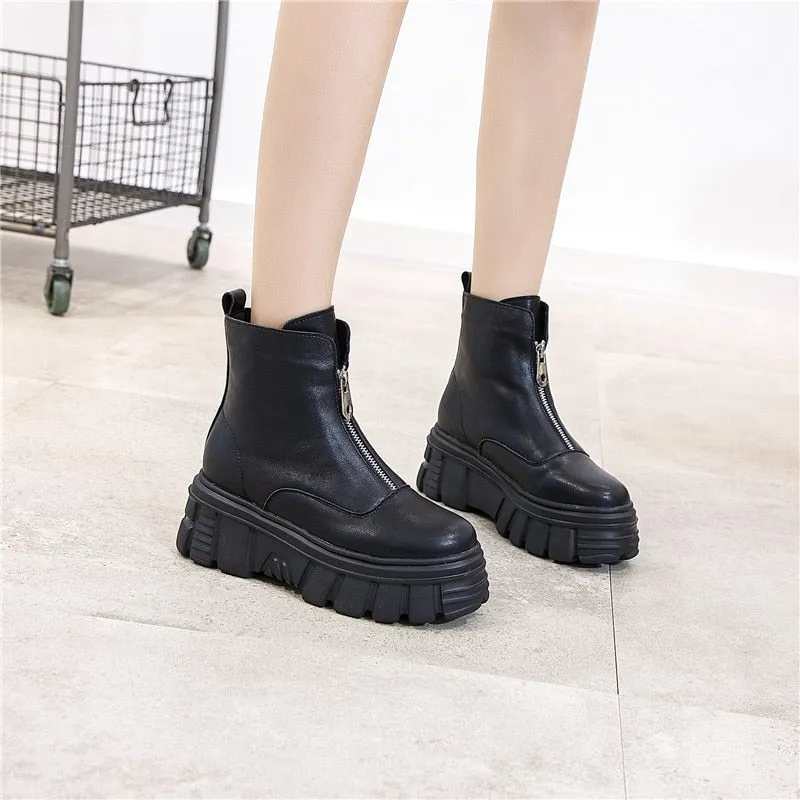 Genuine Leather Front Zipper Women' Ankle Boots 2019 Fashion Style Women Winter Warm Platform Boots Ladies Chunky Shoes