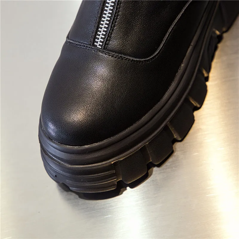 Genuine Leather Front Zipper Women' Ankle Boots 2019 Fashion Style Women Winter Warm Platform Boots Ladies Chunky Shoes
